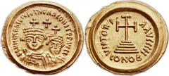 Heraclius, with Heraclius Constantine (AD 610-641). AV Solidus (22mm, 4.44 gm, 6h). Ravenna, AD 613-629.  DD NN HЄRACLIVS ЄT HЄRA CONST PP AVCC, crowned and draped facing busts of Heraclius, wearing s
