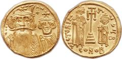 Constans II Pogonatus (AD 641-668), with Constantine IV, Heraclius and Tiberius (AD 659-668). AV solidus (20mm, 4.43 gm, 6h). Constantinople mint, 2nd officina, AD 662-667. σN CONT-AN, draped facing b