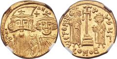 Constans II Pogonatus (AD 641-668), with Constantine IV. AV solidus (20mm, 4.40 gm, 6h).  Constantinople, 3rd officina, AD 661-663. Blundered legend, crowned facing busts of Constans, bearded, and Con