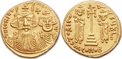 Constans II Pogonatus (AD 641-668), with Constantine IV, Heraclius and Tiberius (AD 659-668). AV solidus (21mm, 4.36 gm, 5h). Syracuse, 2nd officina, AD 662-667. ∂N CONT-AN, draped facing busts of Con