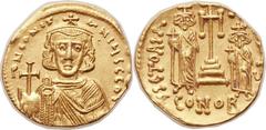 Constantine IV (AD 668-685). AV solidus (21mm, 4.42 gm, 6h).  Constantinople, 6th officina, AD 668. ∂N CONST-ANIЧS C COS, facing bust of Constantine IV, youthful, beardless, with long hair, wearing ch
