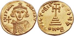 Justinian II, first reign (AD 685-695). AV solidus (20mm, 4.46 gm, 6h).  Constantinople, AD 685-687. IЧSTINIA-NЧS PЄ AV, crowned bust facing, wearing chlamys and holding globus cruciger in right hand,
