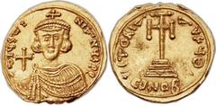 Justinian II, first reign (AD 685-695). AV solidus (21mm, 4.02 gm, 6h).  Syracuse, AD 687-690. ∂ IЧSTI-NIANЧS P P, crowned and bearded bust of Justinian facing, wearing unusual chlamys and holding glo