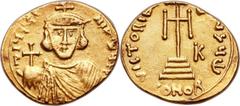 Justinian II, first reign (AD 685-695). AV solidus (20mm, 4.14 gm, 6h).  Syracuse, AD 687-692. ∂ IЧSTI-NIANЧS P, facing bust of Justinian, lightly bearded, wearing crown topped by cross and  chlamys p