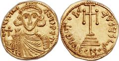Justinian II, first reign (AD 685-695). AV solidus (22mm, 3.89 gm, 6h).  Ravenna, 3rd officina, AD 687-695. D N IЧSTINIA-NЧS PЄ AV, crowned bust of Justinian facing, wearing chlamys, holding globus cr