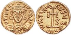 Tiberius III Apsimar (AD 698-705). AV tremissis (13mm, 1.32 gm, 6h). Sardinian mint, ca. AD 698-700. D TIbЄRI-ЧS PЄ AV, crowned and cuirassed bust of Tiberius facing, holding spear in right hand and s