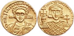 Justinian II Rhinotmetus, second reign (AD 705-711). AV solidus (20mm, 4.39 gm, 6h).  Constantinople, AD 705-706. ∂ N IhS ChS RЄX RЄGNANTIЧM, facing bust of Christ Pantocrator, with slight beard and t