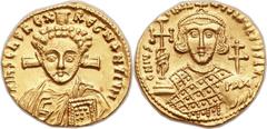 Justinian II Rhinotmetus, second reign (AD 705-711). AV solidus (20mm, 4.42 gm, 6h).  Constantinople, AD 705-706. ∂ N IhS ChS RЄX RЄGNANTIЧM, facing bust of Christ Pantocrator, with slight beard and t