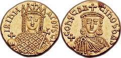 Irene, joint reign with Constantine VI (AD 780-797). AV solidus (19mm, 4.38 gm, 6h).  Constantinople, AD 792-797. IRIhH AΓOЧSTI, crowned facing bust of Irene, wearing loros, holding globus cruciger an