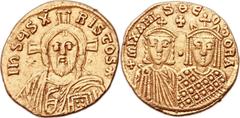 Michael III "the Drunkard" (AD 842-867), with Theodora. AV solidus (20mm, 4.36 gm, 7h).  Constantinople, AD 850-856. IhSЧS X-RISTOS *, half-length bust of Christ Pantocrator facing, wearing pallium an