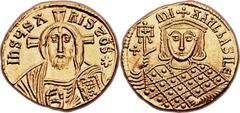 Michael III 'the Drunkard' (AD 842-867). AV solidus (21mm, 4.47 gm, 6h).  Constantinople, AD 856-866. IhSUS X-RISTOS*, facing bust of Christ Pantocrator, cross behind head, raising right hand in bened