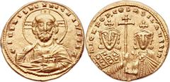 Nicephorus II Phocas (AD 963-969), with Basil II. AV histamenon nomisma (21mm, 4.39 gm, 6h).  Constantinople, AD 963-964. + IhS XIS RЄX RЄςNANTIhM, bust of Christ Pantocrator facing, wearing cruciform