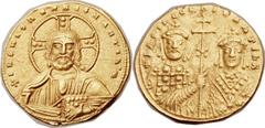 Basil II (AD 976-1025), with and Constantine VIII (AD 976-1028). AV tetarteron nomisma (20mm, 4.23 gm, 6h).  Constantinople, 1005-1025. +IhS XIS RЄX RЄGNANTInM, bust of Christ facing, wearing nimbus c