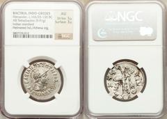 INDO-GREEK KINGDOM. Menander (ca. 165/55-130 BC). AR tetradrachm (9.91 gm). Diademed and cuirassed bust of Menander I right, wearing scaled Boeotian helmet / Athena standing left, brandishing thunderb