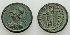 LYDIA. Tripolis. Pseudo-autonomous issue, Antonine era (AD 138-192). Æ 21mm (6.15 gm). Bust of Athena left, wearing Corinthian helmet pushed back on head, aegis on breast / Zeus Lydios standing left, 