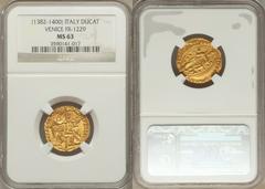 Venice. Antonio Venier gold Ducat ND (1382-1400) MS63 NGC, Fr-1229. Very sharply struck for a 14th century gold coin. The facial expressions of the Doge and St. Mark are fully visible.