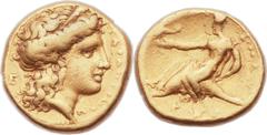 CALABRIA. Tarentum. Ca. 334-331 BC. AV half-stater (14mm, 4.22 gm, 3h).  Time of Alexander the Molossian, circa 334-332 BC. TAΡΑΝΤΙΩΝ, head of Hera right, wearing stephane; E behind head / TAPAΣ, nude