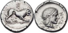 LUCANIA. Velia. Ca. 400-350 BC. AR didrachm (20mm, 7.61 gm, 2h).  Lion crouching right on dotted ground line, B (reverted) above / YEΛ-HTΩN, head of nymph Velia right, hair arranged in krobylos (pearl