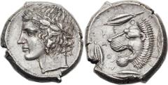 SICILY. Leontini. Ca. 430-425 BC. AR tetradrachm (27mm, 17.47 gm, 6h).  Laureate head of Apollo left / LEON-TI-NON, lion's head left, with open jaws and tongue protruding, bay-leaf behind, three barle