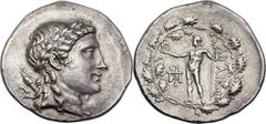 AEOLIS. Aegae. Ca. 160-150 BC. AR tetradrachm (34mm, 16.20 gm, 11h).  Laureate head of Apollo right, quiver and tip of bow ending in swan's head over shoulder / ΑΙΓΑΙΕΩΝ, Zeus standing left, holding v