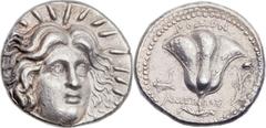 CARIAN ISLANDS. Rhodes. Ca. 229-205 BC. AR tetradrachm (24mm, 13.52 gm, 11h).  Ameinas, magistrate. Radiate head of Helios facing slightly right / Rose with bud to right; AMEIN-IAΣ across field, prow 