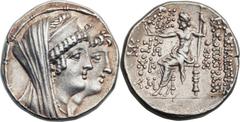 SELEUCID KINGDOM. Cleopatra Thea and Antiochus VIII (125-121 BC). AR tetradrachm (29mm, 16.59 gm, 12h).  Akko-Ptolemais mint, undated. Jugate busts of Cleopatra, with stephane and veil, and of Antioch