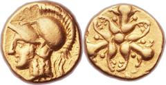 CYRENAICA. Cyrene. Ca. 330-310 BC. AV hemidrachm or triobol (10mm, 2.09 gm, 12h)  Head of Athena left, wearing crested Corinthian helmet pushed back on head / Triple silphium plant in form of triskele