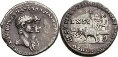 Nero (AD 54-68), with Agrippina Junior (died AD 58). AR denarius (19mm, 3.22 gm, 3h).  Rome, AD 55. NERO CLAVD DIVI F CAES AVG GERM IMP TR P COS, jugate busts right of Nero, bareheaded and with draper