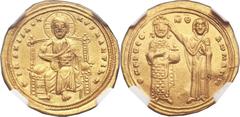 Romanus III Argyrus (1028-1034). AV histamenon nomisma (23mm, 4.43 gm, 6h).   Constantinople.  +IhS XIS RЄX RЄςhANTIhM, Christ enthroned facing, raising hand in blessing and holding Gospels / ΘCЄ bOHΘ