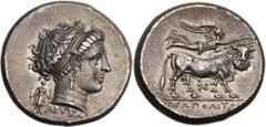CAMPANIA. Neapolis. Ca. 300-275 BC. AR stater or nomos (22mm, 7.32 gm, 2h).  Diademed head of Parthenope right, wearing pendant earring and pearl necklace; behind neck, Artemis standing facing, holdin