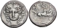 SICILY. Catana. Ca. 410 BC. AR tetradrachm (26mm, 16.52 gm, 10h).  Dies signed by the engraver Choirion. Laureate head of Apollo facing, hair parted in the middle and falling in waves across brow and 