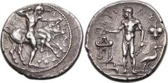 SICILY. Selinus. Ca. 460-440 BC. AR didrachm (24mm, 8.37 gm, 9h).  Σ-Ε-ΛΙ-NO-TI-ON, Heracles, naked, to right, raising left leg and pressing knee against Cretan bull and grasping its horn with left ha