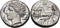 SICILY. Syracuse. Agathocles (317-289 BC). AR tetradrachm (24mm, 16.78 gm, 10h). Ca. 310-305 BC. Wreathed head of Arethusa left, wearing triple-pendent earring and necklace, three dolphins around; NI 