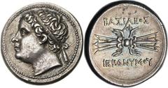 SICILY. Syracuse. Hieronymus (216-215 BC). AR 10 litrae (23mm, 8.52 gm, 6h).  Diademed head of Hieronymus left / ΒΑΣΙΛΕΟΣ IΕΡΩΝΥΜΟΥ  above and below winged thunderbolt, monogram above. HGC 2, 1567. Ho