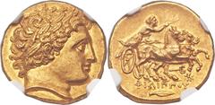 MACEDONIAN KINGDOM. Philip II (359-336 BC). AV stater (18mm, 8.48 gm, 11h).  Posthumous issue of Colophon, under Philip III Arrhidaeus (323-317 BC). Laureate head of Apollo right / Charioteer driving 