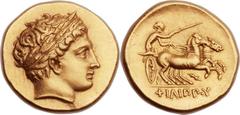 MACEDONIAN KINGDOM. Philip II (359-336 BC). AV stater (21mm, 8.54 gm, 10h). Posthumous issue of Pella, ca. 323-315 BC. Laureate head of Apollo right of refined stye / ΦIΛΛIΠOY, charioteer driving biga