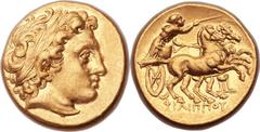 MACEDONIAN KINGDOM. Philip III Arrhidaeus (323-317 BC). AV stater (19mm, 8.55 gm, 1h).  Colophon, ca. 322-319 BC. Laureate head of Apollo to right, with facial features of Alexander III the Great / Ch