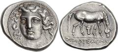 THESSALY. Larissa. Ca. 385-365 BC. AR drachm (22mm, 6.13 gm, 6h).  Head of nymph Larissa facing, turned slightly to the left, wearing ampyx, earring and simple necklace / Horse grazing to right, with 