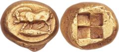 MYSIA. Cyzicus. Ca. 550-500 BC. EL stater (23mm, 15.99 gm).  Boar standing left on tunny fish / Quadripartite incuse square. Von Fritze 90. Greenwell 136 and pl. V, 30. Very rare! Well centered  and c