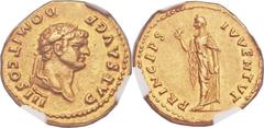 Domitian, as Caesar (AD 69-81). AV aureus (20mm, 7.40 gm, 12h).  Rome, AD 74-75. CAES AVG F DOMIT COS III, laureate head of Domitian right / PRINCEPS IVVENTVT, Spes walking left, holding flower in rig