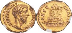Divus Marcus Aurelius (died AD 180). AV aureus (19mm, 7.31 gm, 7h).  Rome, under Commodus, after March 17, AD 180. DIVVS M ANT-ONINVS PIVS, bare head of Marcus right / CONSE-CRATIO,  four-tier funeral