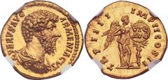 Lucius Verus (AD 161-169). AV aureus (20mm, 7.26 gm, 6h).  Rome, AD 163-164. L VERVS AVG ARMENIACVS, bareheaded, draped and cuirassed bust of Verus right / TR P IIII IMP II COS II, Victory standing ri