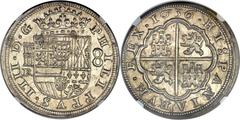 Philip IV 8 Reales 1636-R MS63 NGC, Segovia mint. KM39.6, Calico-578. Choice Mint State with impressively lustrous and clean surfaces for the issue. A slightly wavy planchet as often seen on this larg