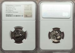 CORINTHIA. Corinth. Ca. 375-300 BC. AR stater (8.59 gm). Pegasus flying left, koppa below / Head of Athena in laureate Corinthian helmet left, A-P divided by neck truncation, chimaera springing left b