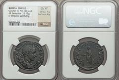 Gordian III (AD 238-244). Æ sestertius (19.13 gm). Rome, AD 239. Laureate, draped, and cuirassed bust of Gordian right / Gordian standing left, togate, sacrificing from patera over lighted tripod and 