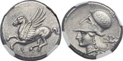 CORINTHIA. Corinth. Ca. 345-307 BC. AR stater (21mm, 8.64 gm, 3h). Pegasus flying left, qoppa below / Helmeted head of Athena left; [A-P] flanking point of neck; to right, chimaera rearing left. Calci