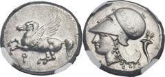 CORINTHIA. Corinth. Ca. 345-307 BC. AR stater (22mm, 8.54 gm, 6h).  Pegasus flying left, qoppa below / Head of Athena left, wearing Corinthian helmet pushed back on head, decorated with laurel wreath;