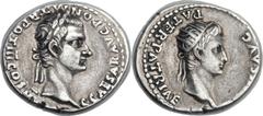 Caligula, with Divus Augustus (AD 37-41). AR denarius (18mm, 3.74 gm, 8h).  Lugdunum, AD 40. Obv: C CAESAR AVG GERM PON M TR POT III COS III, laureate head of Caligula right / [DIV]VS AVG PATER PATRIA