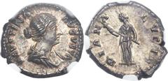 Faustina Junior, wife of Marcus Aurelius (Augusta, AD 147-175). AR denarius (18mm, 3.51 gm, 10h).  Rome, under Marcus Aurelius, AD 161-164. FAVSTINA AVGVSTA, draped bust of Faustina right, hair in sim