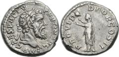 Pertinax (AD 193). AR denarius (17mm, 3.34 gm, 12h).  Rome, January-March AD 19. IMP CAES P HELV PERTIN AVG, laureate of Pertinax right /  PROVID DEOR COS II, Providentia standing left, raising both h